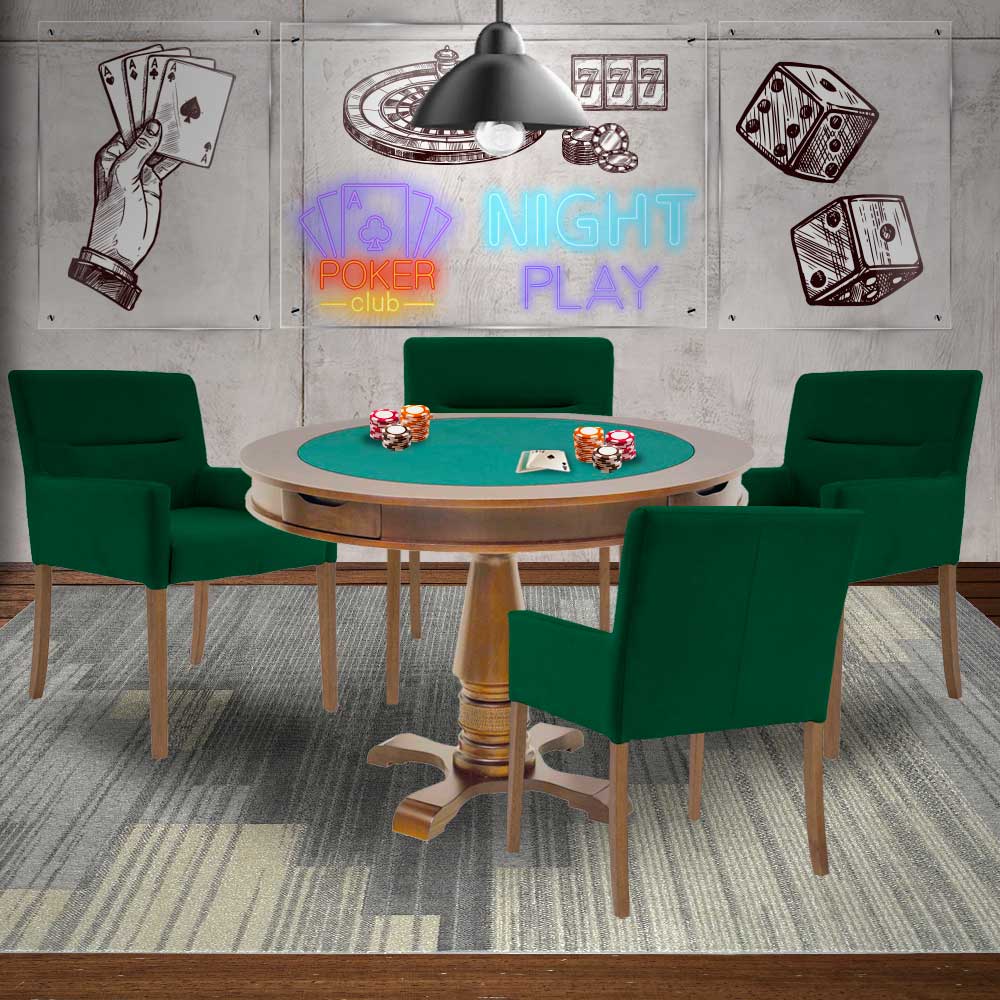 Mesa de Jogos Carteado Victoria Redonda Tampo Reversível Amêndoa com 4 Cadeiras Vicenza Suede Verde G36 G15 - Gran Belo