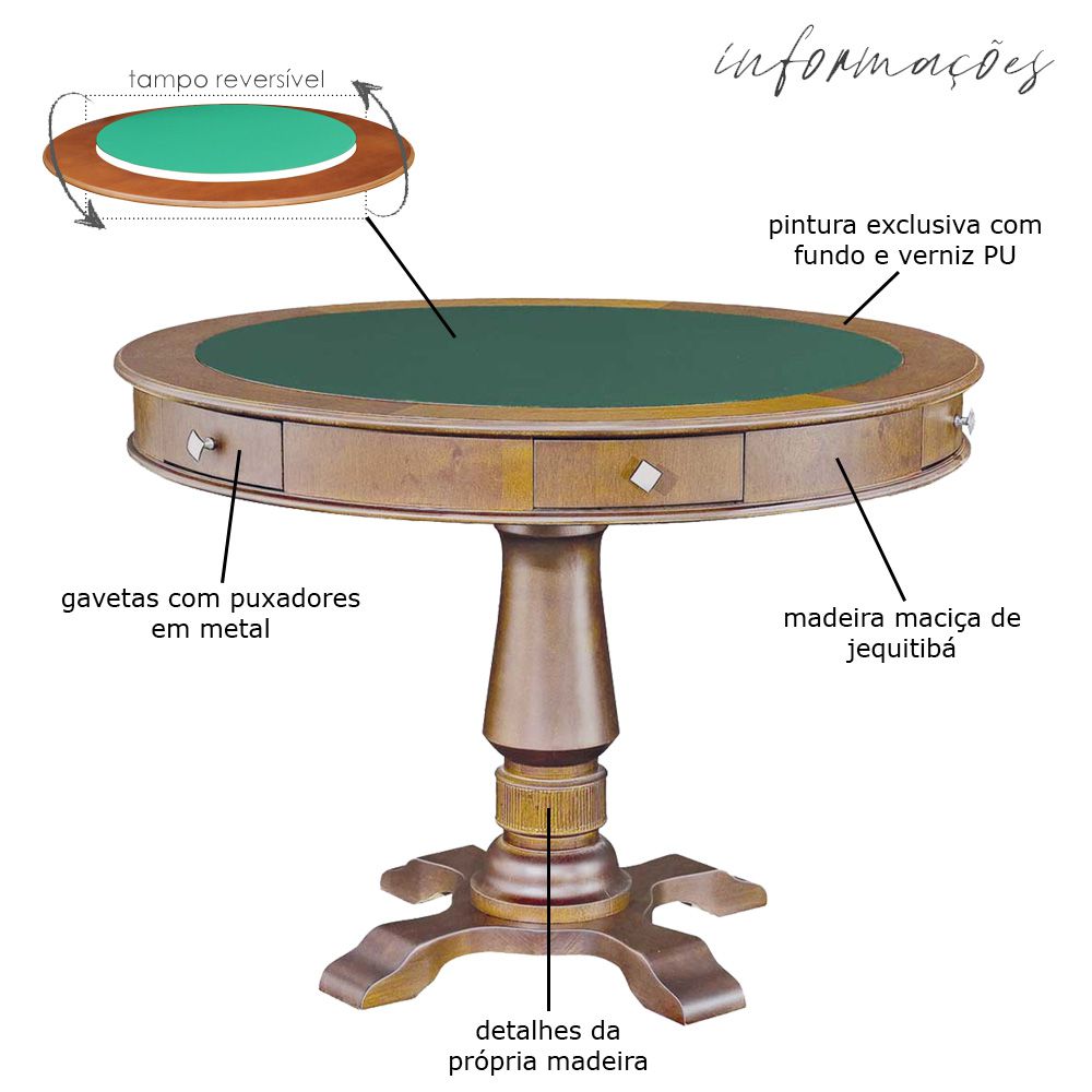 Mesa de Jogos Carteado Victoria Redonda Tampo Reversível Amêndoa com Kit 2 Cadeiras Liverpool PU Preto Liso G36 G15 - Gran Belo