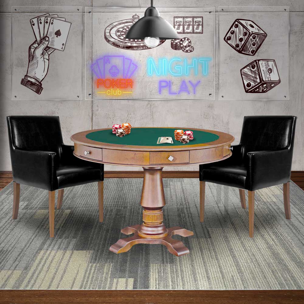 Mesa de Jogos Carteado Victoria Redonda Tampo Reversível Amêndoa com Kit 2 Cadeiras Liverpool PU Preto Liso G36 G15 - Gran Belo
