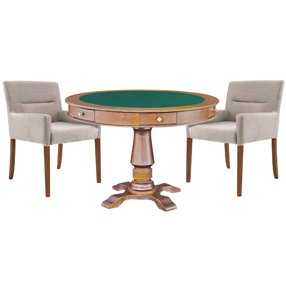 Mesa de Jogos Carteado Victoria Redonda Tampo Reversível Amêndoa com Kit 2 Cadeiras Vicenza Suede Nude G36 G15 - Gran Belo