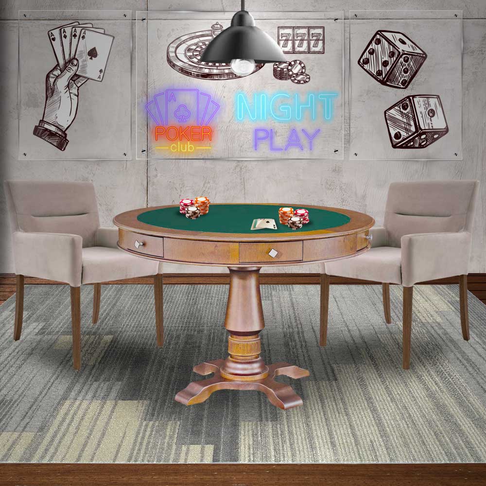 Mesa de Jogos Carteado Victoria Redonda Tampo Reversível Amêndoa com Kit 2 Cadeiras Vicenza Suede Nude G36 G15 - Gran Belo