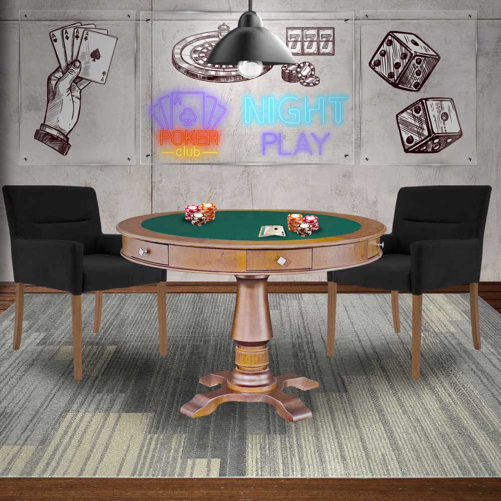 Mesa de Jogos Carteado Victoria Redonda Tampo Reversível Amêndoa com Kit 2 Cadeiras Vicenza Suede Preto Fosco G36 G15 - Gran Belo