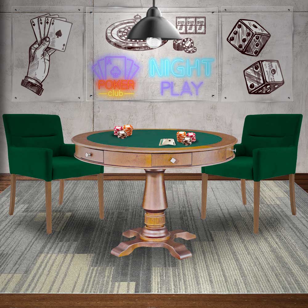 Mesa de Jogos Carteado Victoria Redonda Tampo Reversível Amêndoa com Kit 2 Cadeiras Vicenza Suede Verde G36 G15 - Gran Belo