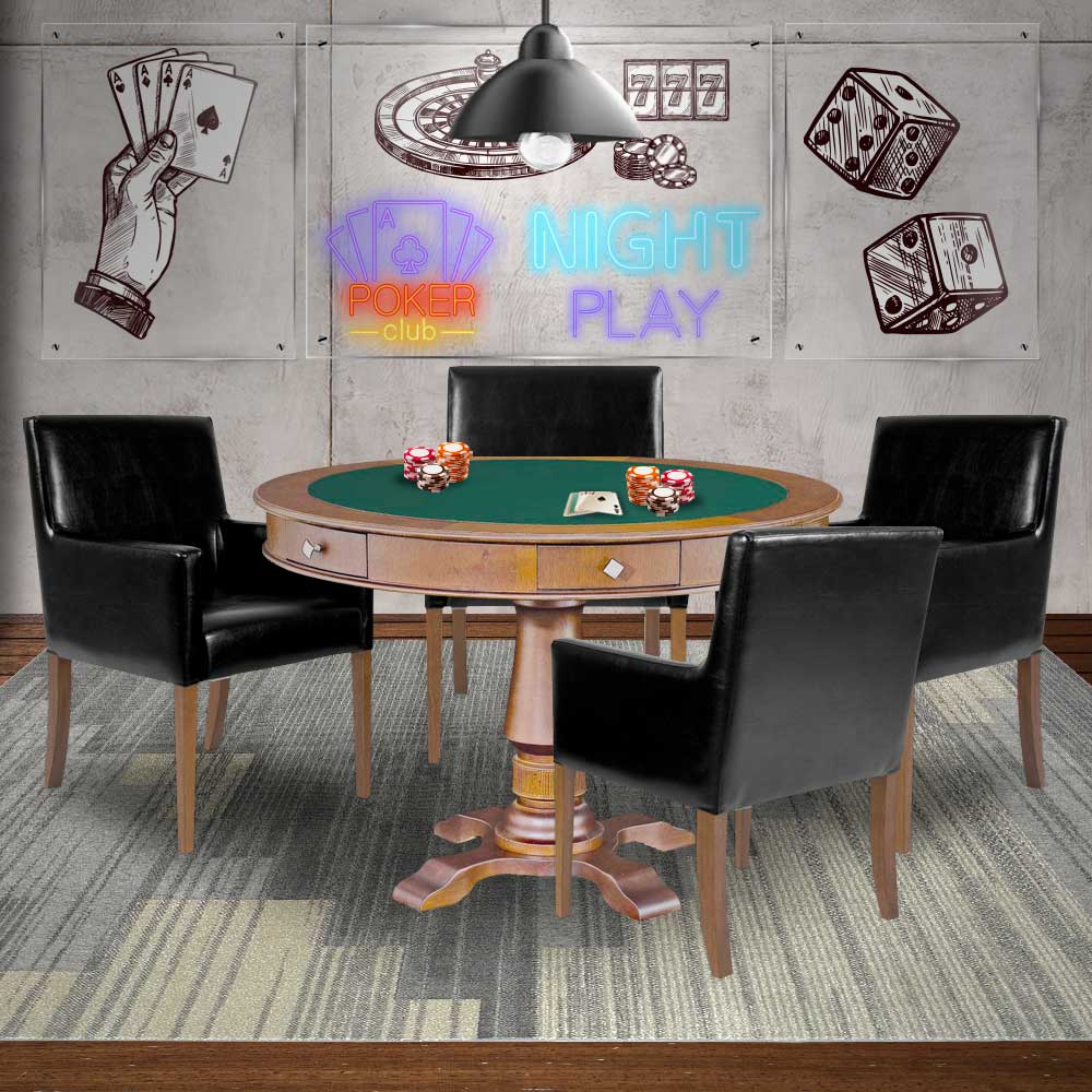 Mesa de Jogos Carteado Victoria Redonda Tampo Reversível Amêndoa com Kit 4 Cadeiras Liverpool PU Preto Liso G36 G15 - Gran Belo