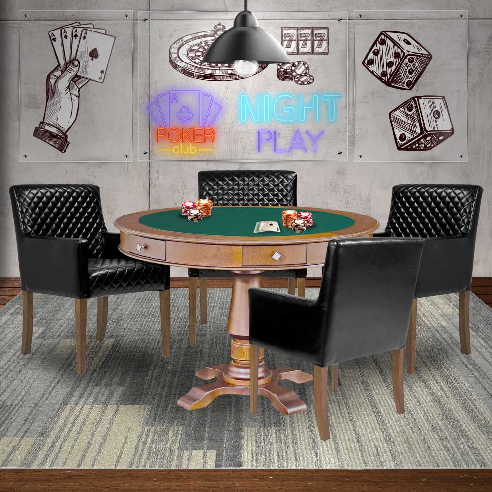 Mesa de Jogos Carteado Victoria Redonda Tampo Reversível Amêndoa com Kit 4 Cadeiras Liverpool PU Preto Matelassê G36 G15 - Gran Belo