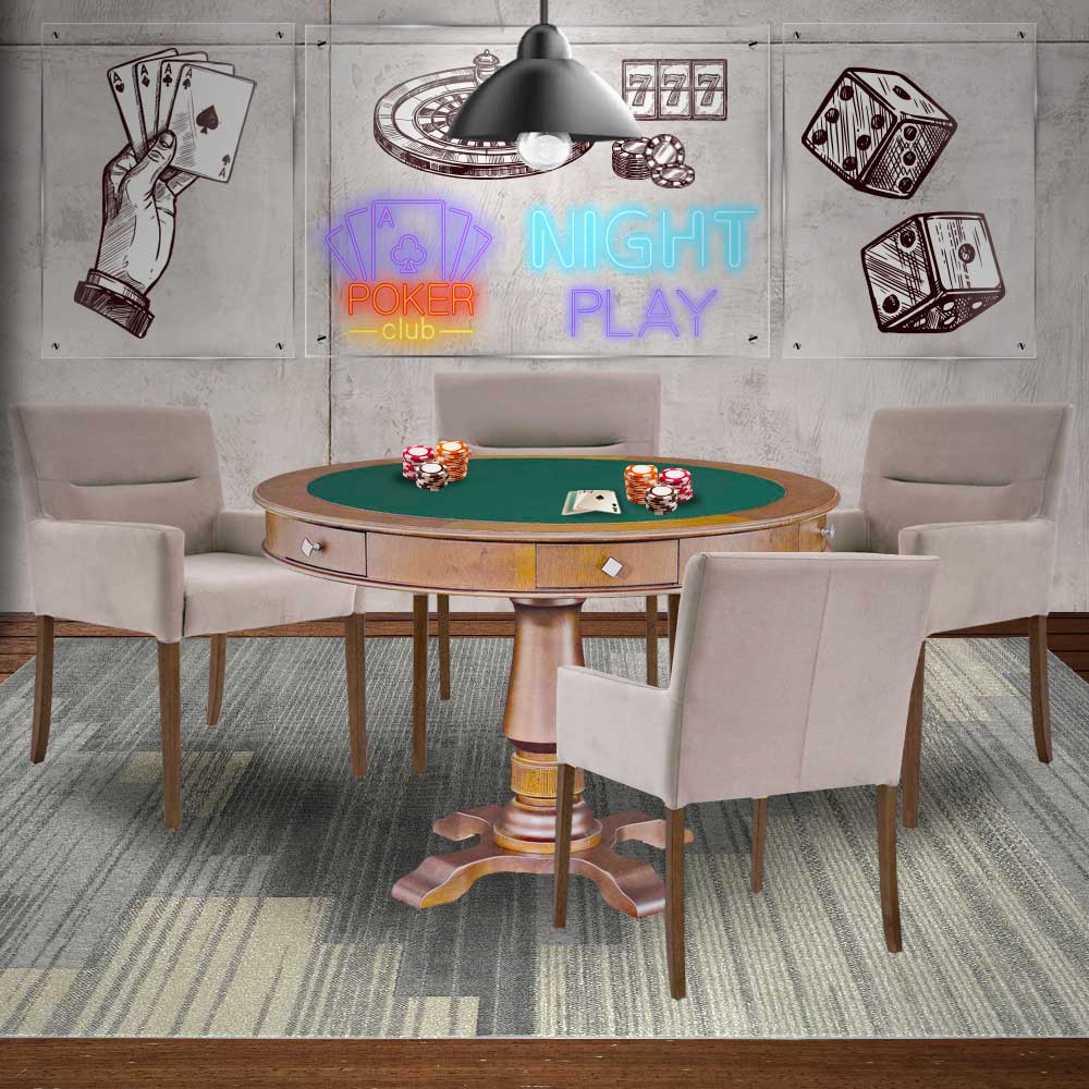 Mesa de Jogos Carteado Victoria Redonda Tampo Reversível Amêndoa com Kit 4 Cadeiras Vicenza Suede Nude G36 G15 - Gran Belo