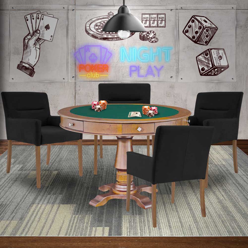 Mesa de Jogos Carteado Victoria Redonda Tampo Reversível Amêndoa com Kit 4 Cadeiras Vicenza Suede Preto Fosco G36 G15 - Gran Belo