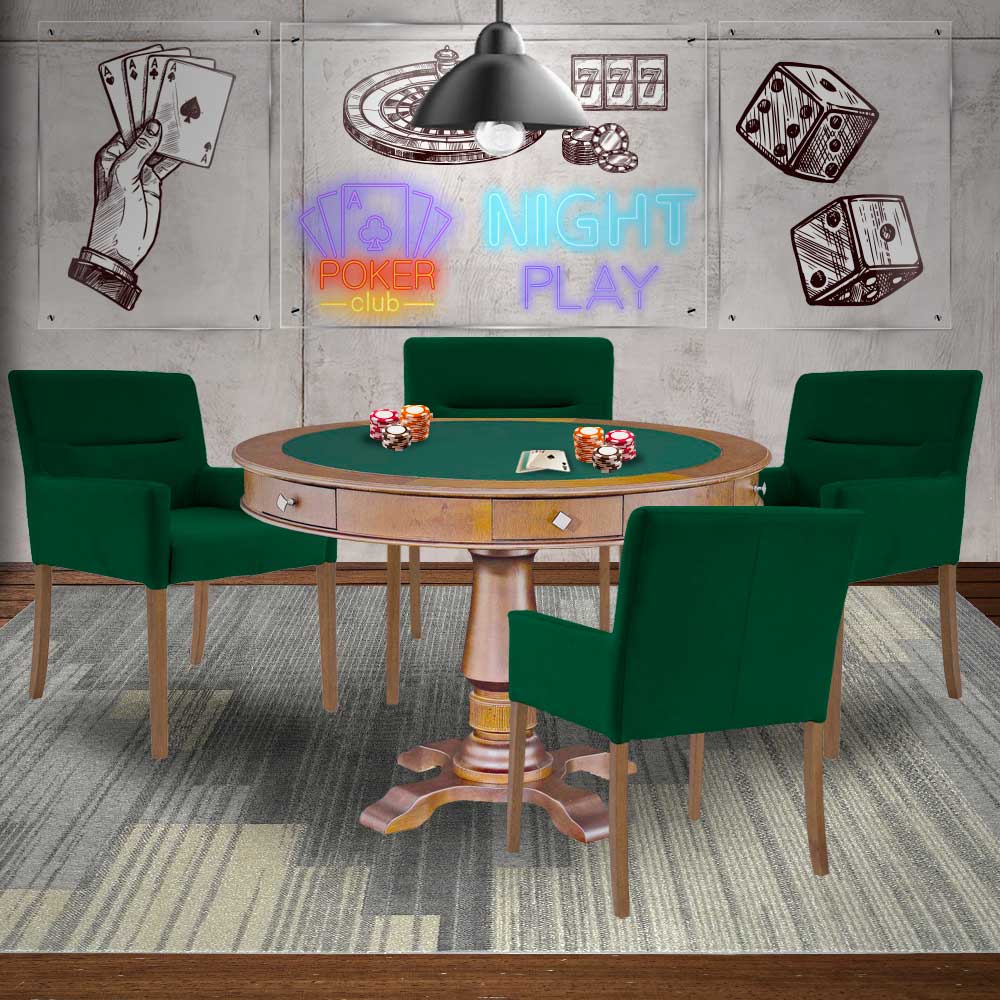 Mesa de Jogos Carteado Victoria Redonda Tampo Reversível Amêndoa com Kit 4 Cadeiras Vicenza Suede Verde - Gran Belo