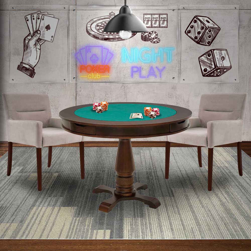 Mesa de Jogos Carteado Victoria Redonda Tampo Reversível Imbuia com 2 Cadeiras Vicenza Suede Nude G36 G15 - Gran Belo
