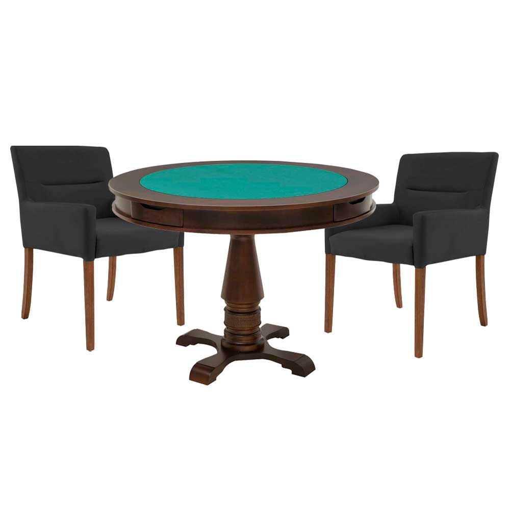 Mesa de Jogos Carteado Victoria Redonda Tampo Reversível Imbuia com 2 Cadeiras Vicenza Suede Preto Fosco G36 G15 - Gran Belo
