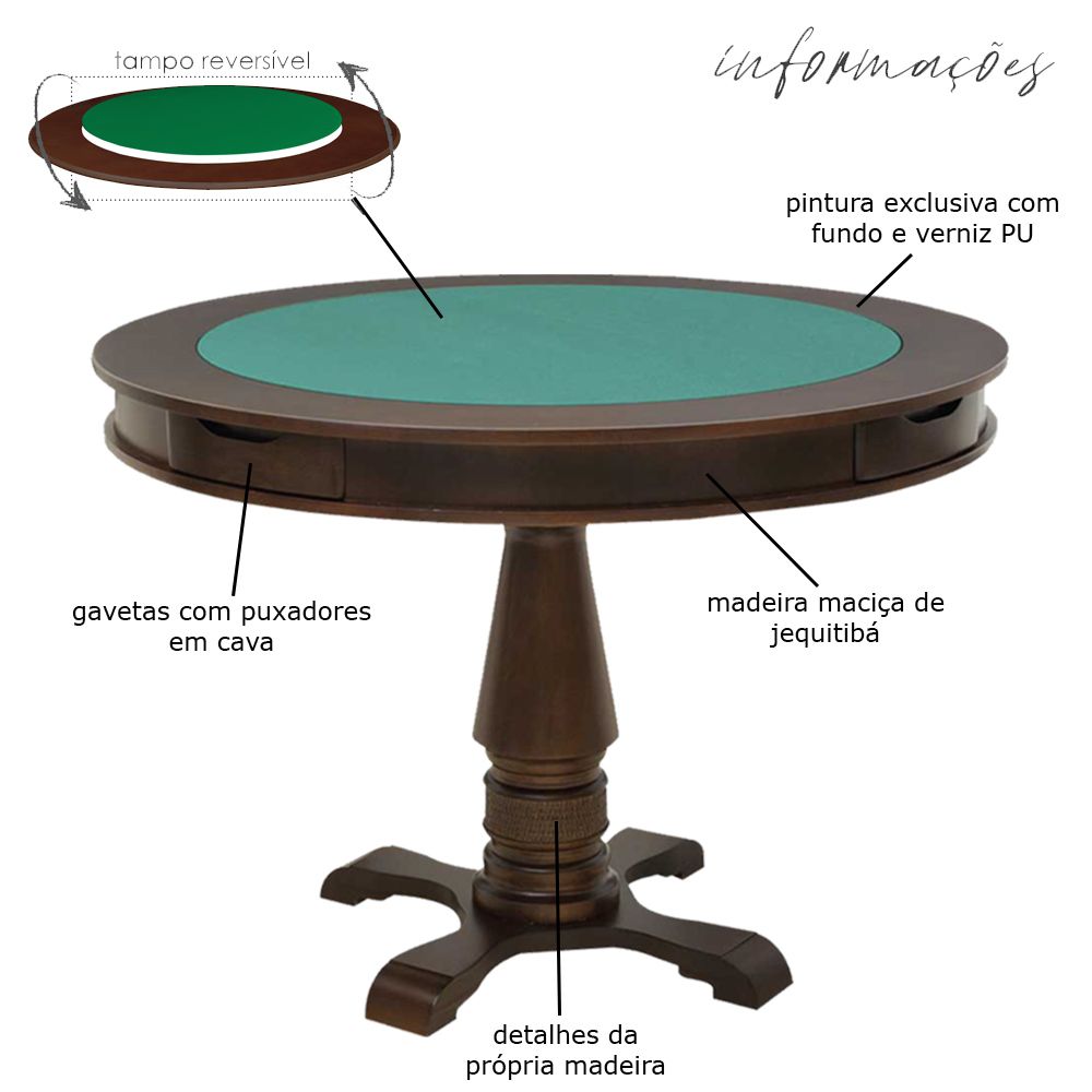 Mesa de Jogos Carteado Victoria Redonda Tampo Reversível Imbuia com 4 Cadeiras Vicenza Suede Nude G36 G15 - Gran Belo
