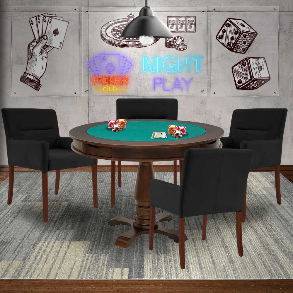 Mesa de Jogos Carteado Victoria Redonda Tampo Reversível Imbuia com 4 Cadeiras Vicenza Suede Preto Fosco G36 G15 - Gran Belo