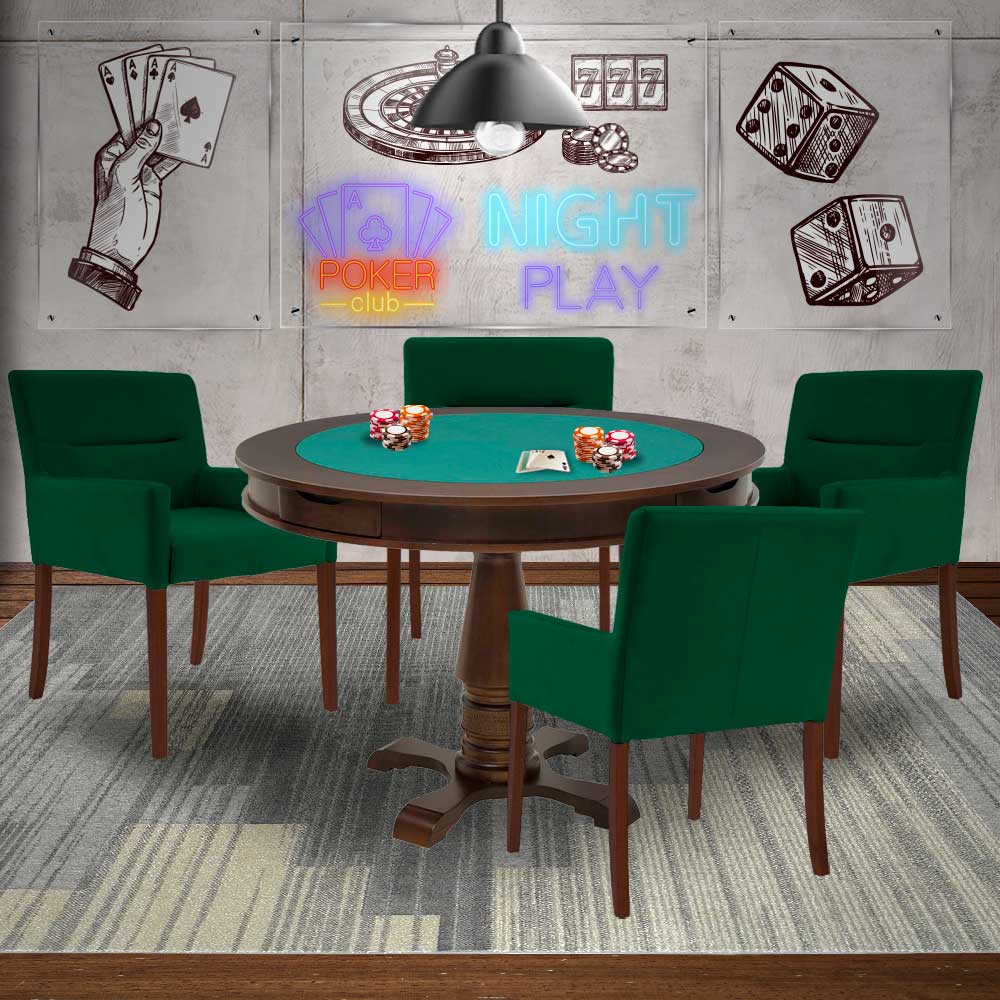 Mesa de Jogos Carteado Victoria Redonda Tampo Reversível Imbuia com 4 Cadeiras Vicenza Suede Verde G36 G15 - Gran Belo