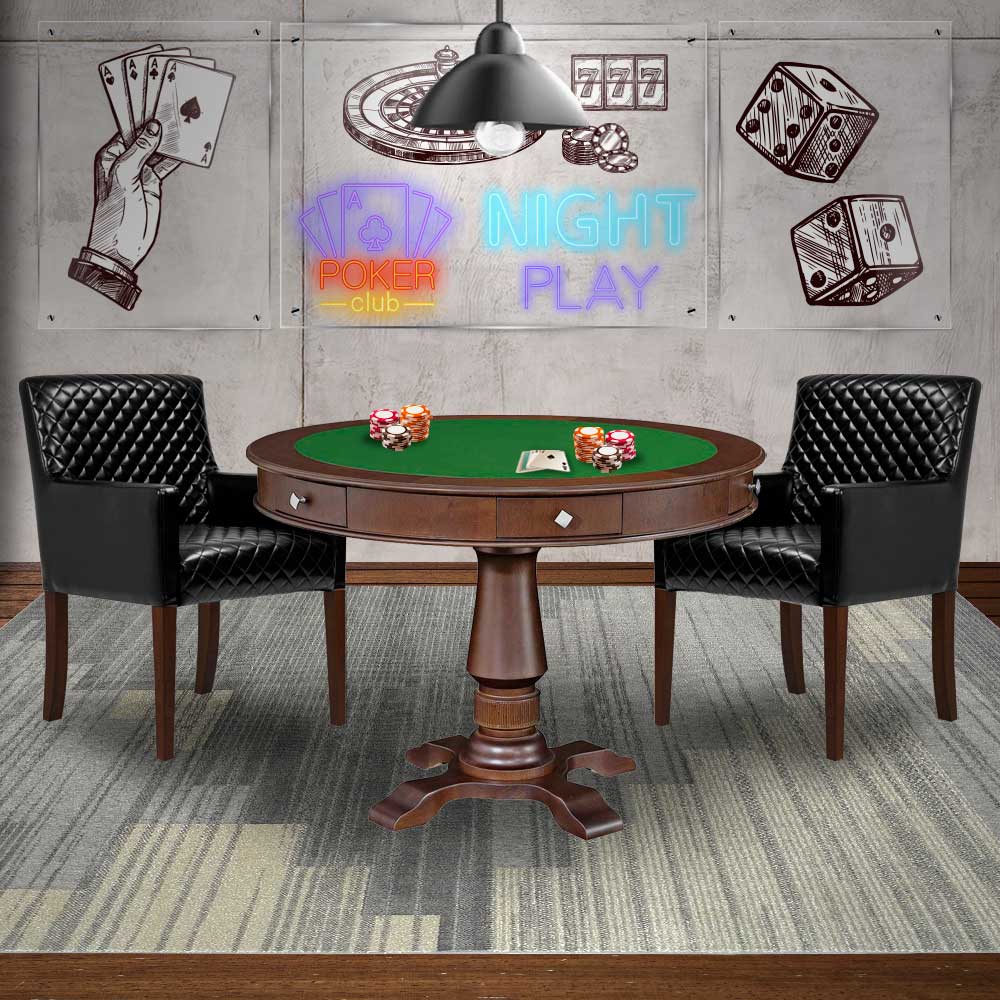 Mesa de Jogos Carteado Victoria Redonda Tampo Reversível Imbuia com Kit 2 Cadeiras Liverpool PU Preto Matelassê G36 G15 - Gran Belo
