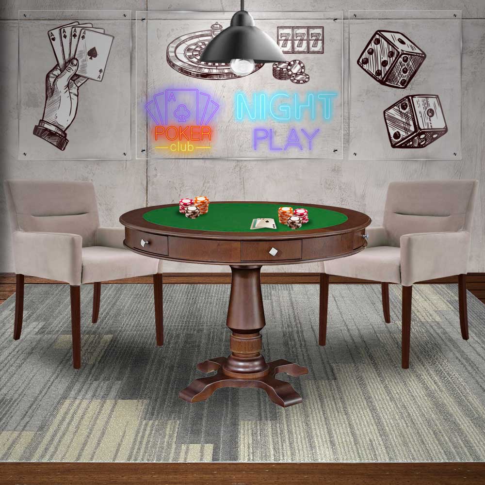 Mesa de Jogos Carteado Victoria Redonda Tampo Reversível Imbuia com Kit 2 Cadeiras Vicenza Suede Nude G36 G15 - Gran Belo