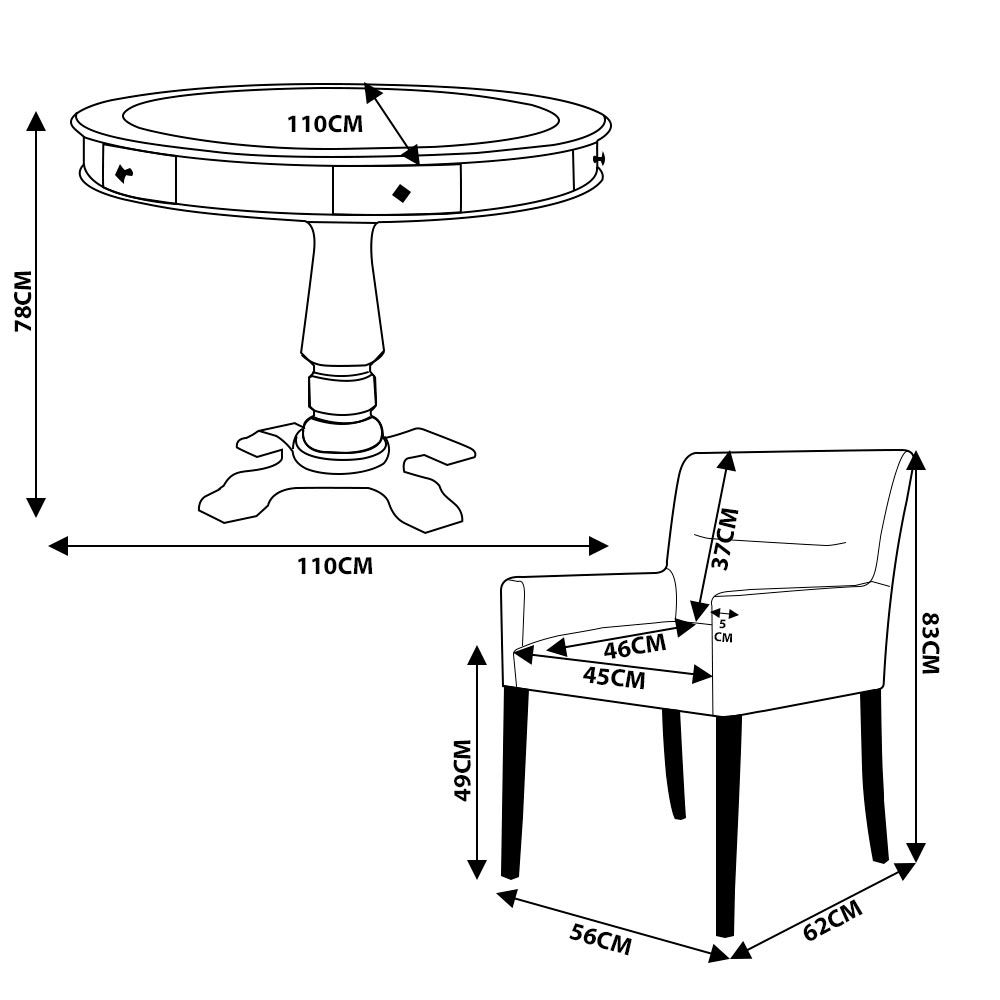 Mesa de Jogos Carteado Victoria Redonda Tampo Reversível Imbuia com Kit 2 Cadeiras Vicenza Suede Preto Fosco G36 G15 - Gran Belo