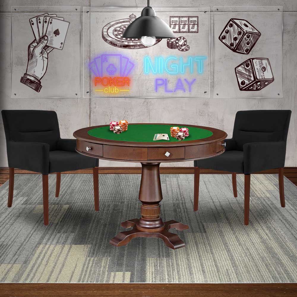 Mesa de Jogos Carteado Victoria Redonda Tampo Reversível Imbuia com Kit 2 Cadeiras Vicenza Suede Preto Fosco G36 G15 - Gran Belo