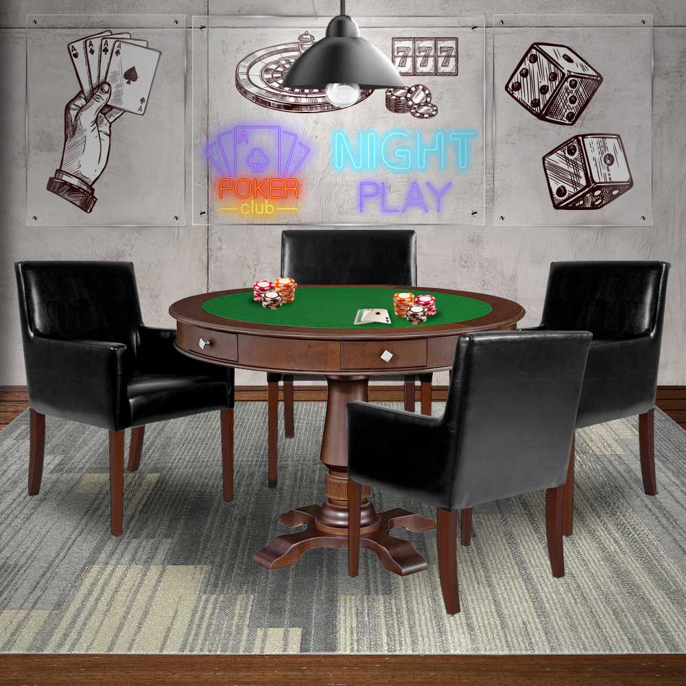 Mesa de Jogos Carteado Victoria Redonda Tampo Reversível Imbuia com Kit 4 Cadeiras Liverpool PU Preto Liso G36 G15 - Gran Belo
