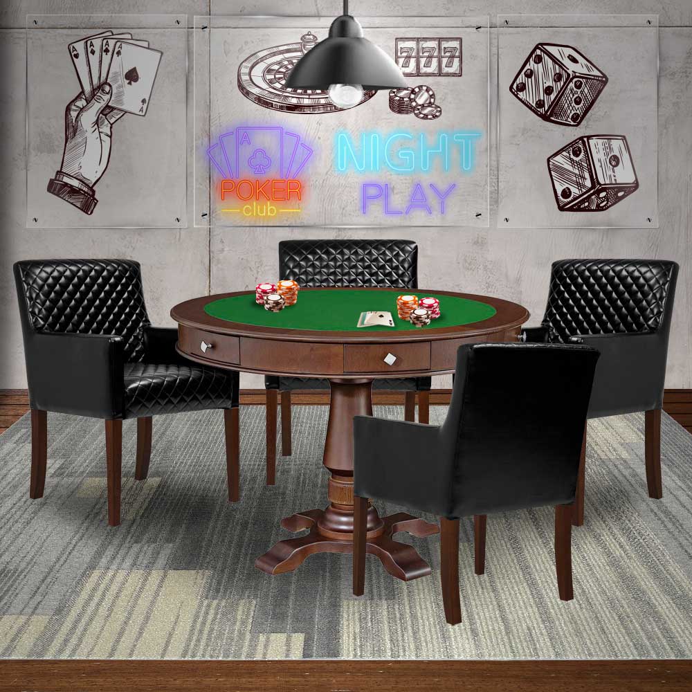 Mesa de Jogos Carteado Victoria Redonda Tampo Reversível Imbuia com Kit 4 Cadeiras Liverpool PU Preto Matelassê G36 G15 - Gran Belo