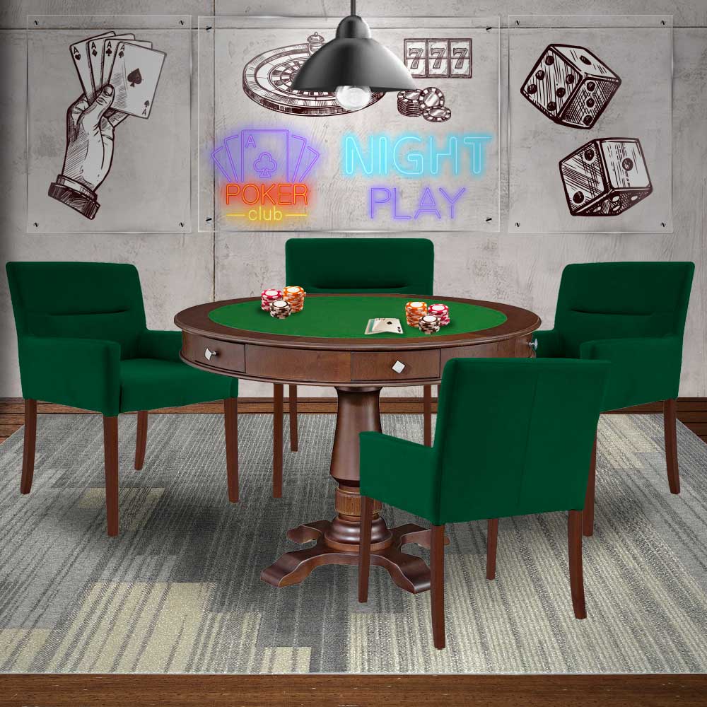Mesa de Jogos Carteado Victoria Redonda Tampo Reversível Imbuia com Kit 4 Cadeiras Vicenza Suede Verde G36 G15 - Gran Belo