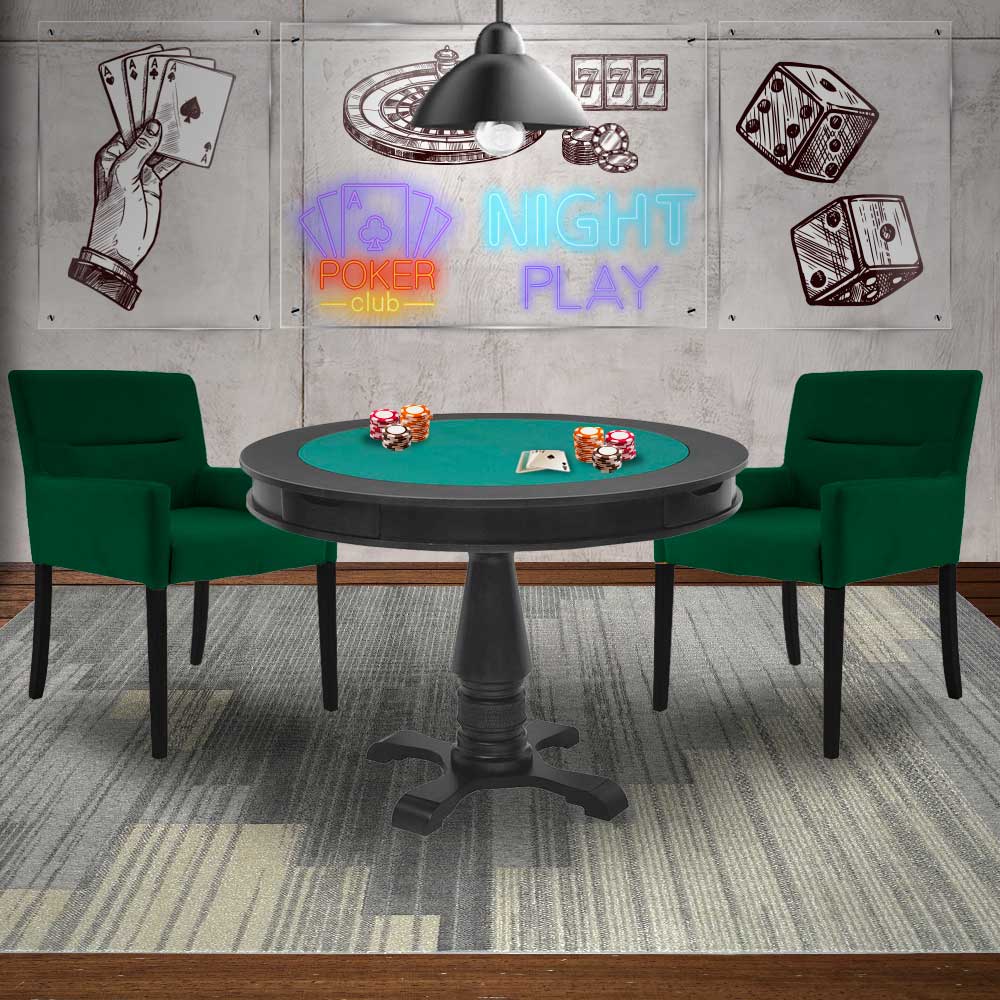 Mesa de Jogos Carteado Victoria Redonda Tampo Reversível Preto com 2 Cadeiras Vicenza Suede Verde G36 G15 - Gran Belo