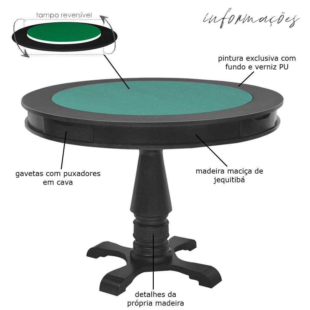 Mesa de Jogos Carteado Victoria Redonda Tampo Reversível Preto com 2 Cadeiras Vicenza Suede Verde G36 G15 - Gran Belo