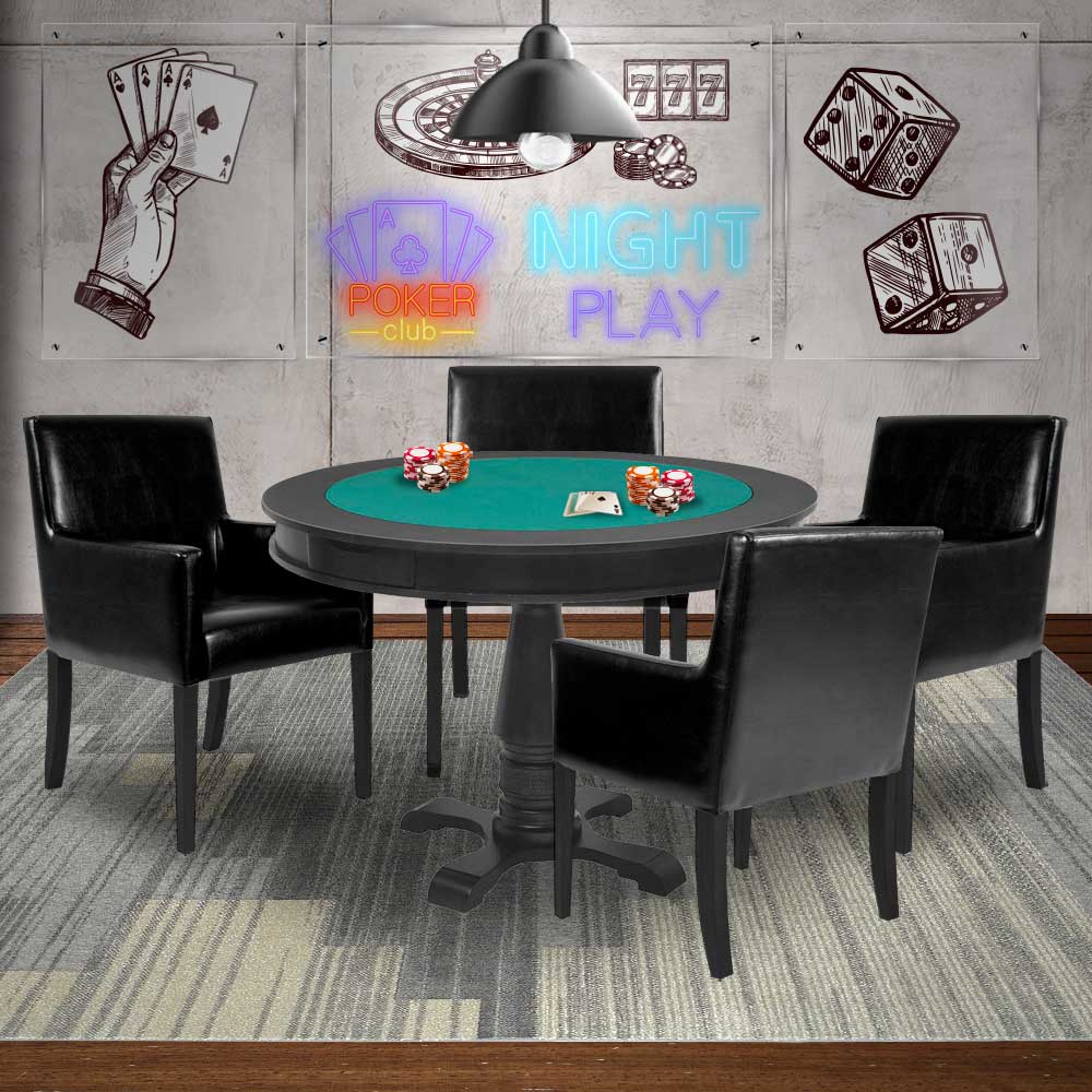 Mesa de Jogos Carteado Victoria Redonda Tampo Reversível Preto com 4 Cadeiras Liverpool PU Preto Liso - Gran Belo