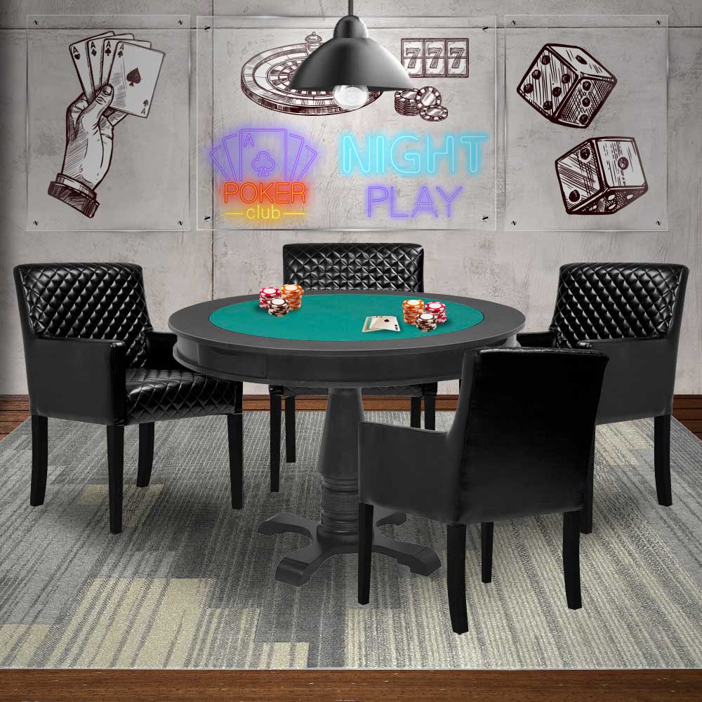 Mesa de Jogos Carteado Victoria Redonda Tampo Reversível Preto com 4 Cadeiras Liverpool PU Preto Matelassê G36 G15 - Gran Belo
