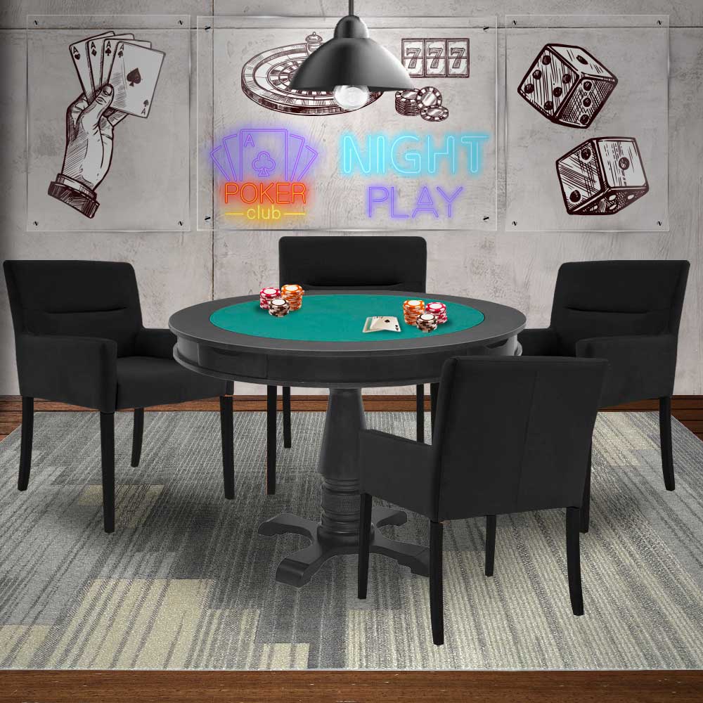 Mesa de Jogos Carteado Victoria Redonda Tampo Reversível Preto com 4 Cadeiras Vicenza Suede Preto Fosco G36 G15 - Gran Belo