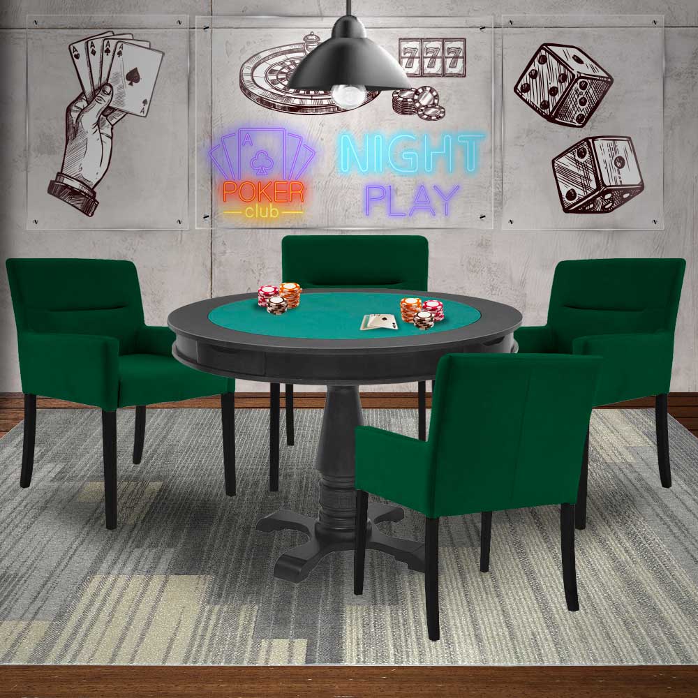 Mesa de Jogos Carteado Victoria Redonda Tampo Reversível Preto com 4 Cadeiras Vicenza Suede Verde G36 G15 - Gran Belo
