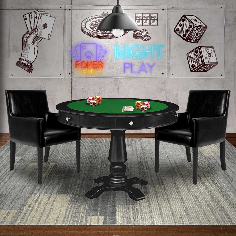 Mesa de Jogos Carteado Victoria Redonda Tampo Reversível Preto com Kit 2 Cadeiras Liverpool PU Preto Liso G36 G15 - Gran Belo