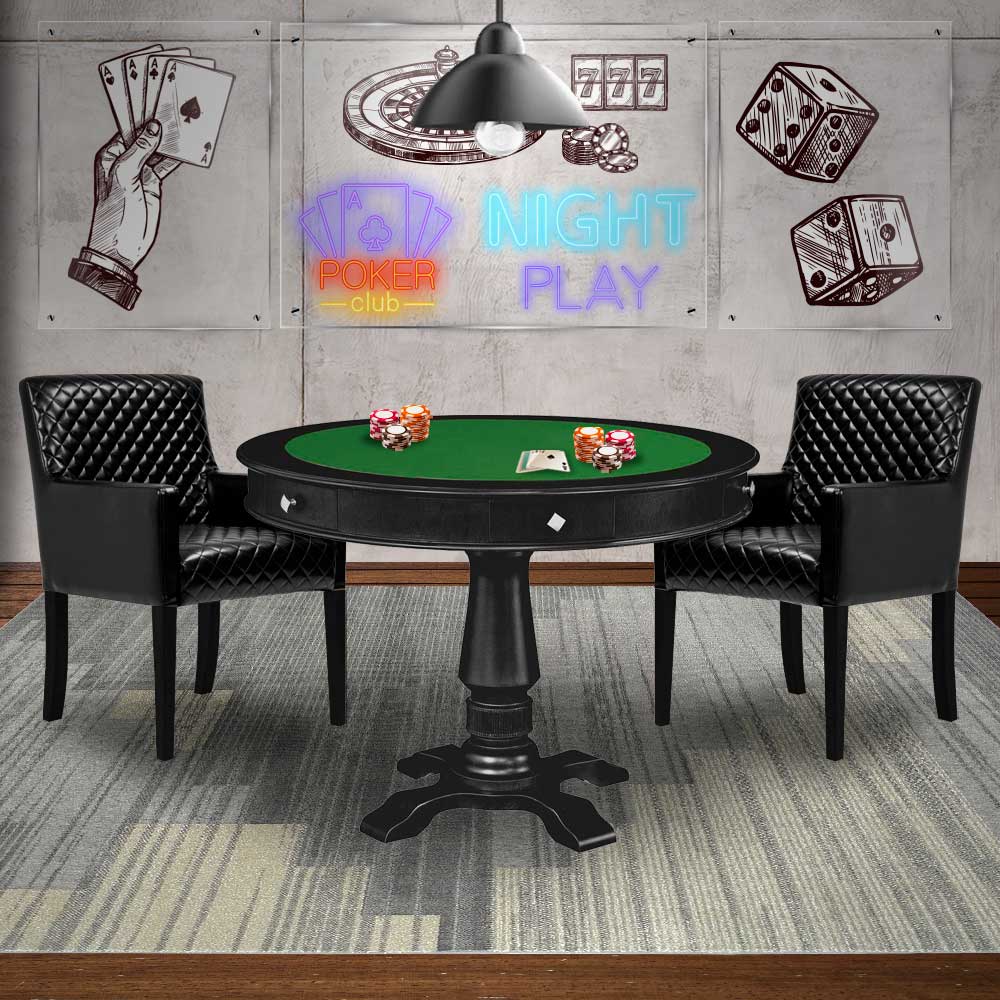 Mesa de Jogos Carteado Victoria Redonda Tampo Reversível Preto com Kit 2 Cadeiras Liverpool PU Preto Matelassê G36 G15 - Gran Belo