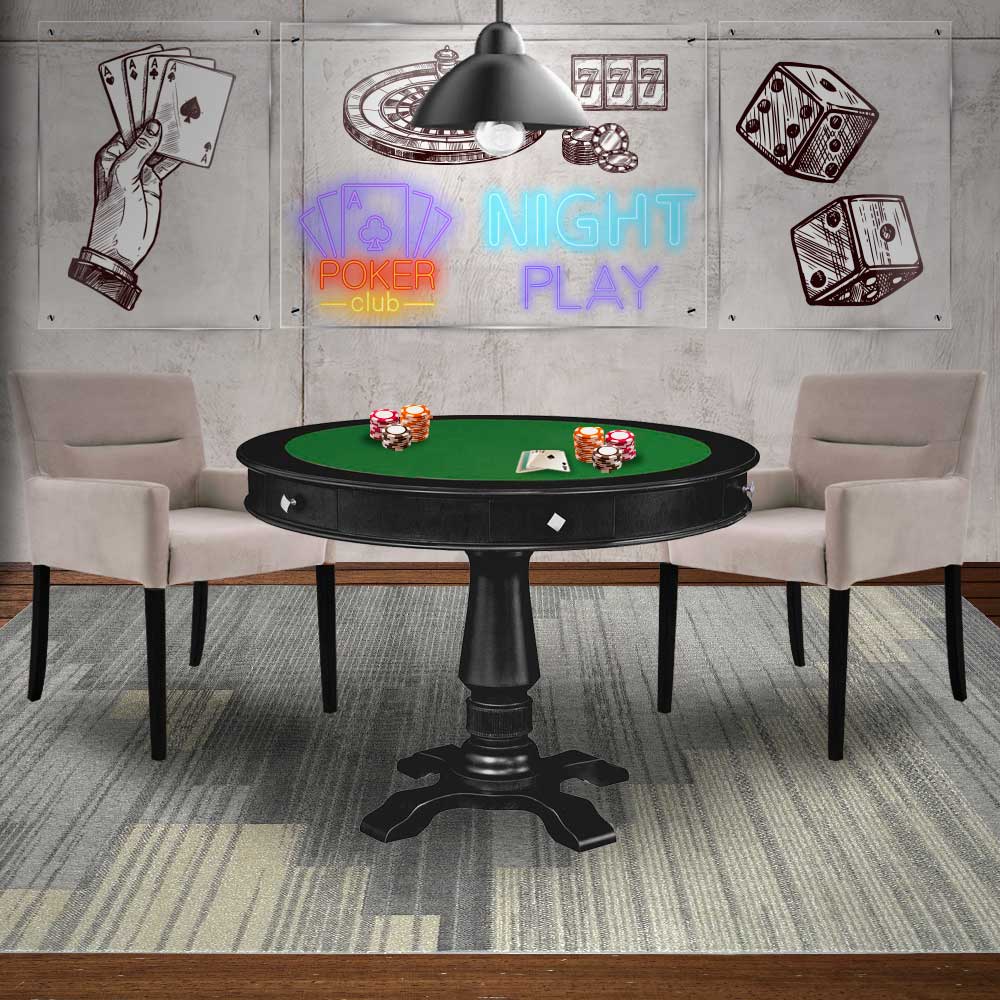 Mesa de Jogos Carteado Victoria Redonda Tampo Reversível Preto com Kit 2 Cadeiras Vicenza Suede Nude G36 G15 - Gran Belo