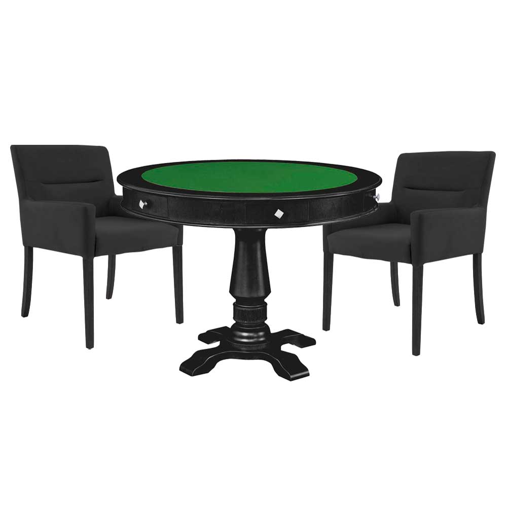 Mesa de Jogos Carteado Victoria Redonda Tampo Reversível Preto com Kit 2 Cadeiras Vicenza Suede Preto Fosco G36 G15 - Gran Belo