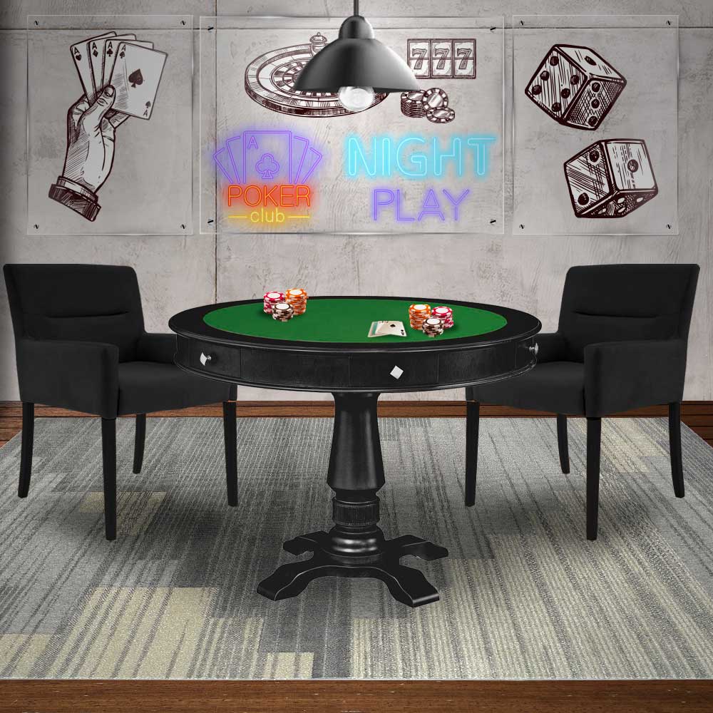 Mesa de Jogos Carteado Victoria Redonda Tampo Reversível Preto com Kit 2 Cadeiras Vicenza Suede Preto Fosco G36 G15 - Gran Belo