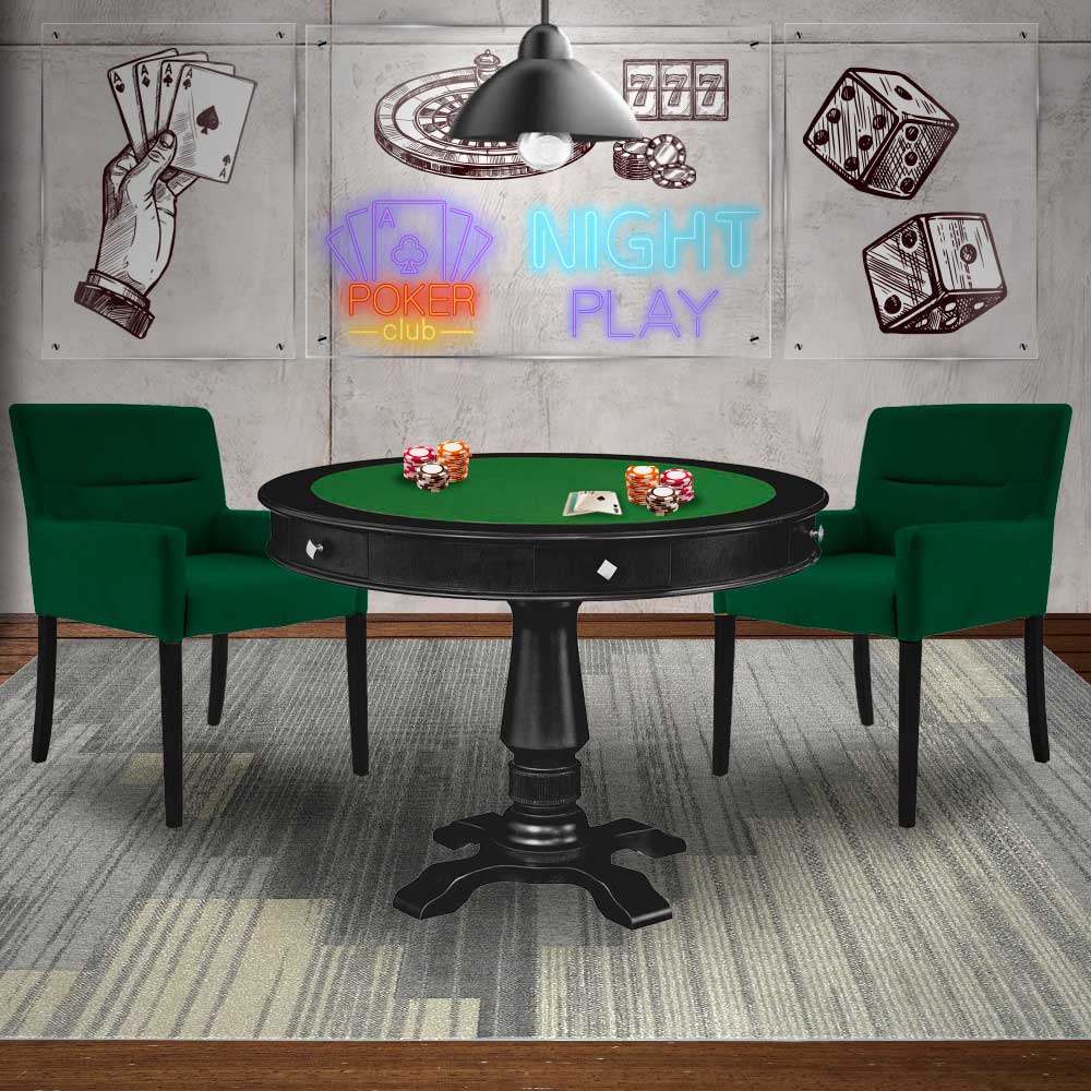 Mesa de Jogos Carteado Victoria Redonda Tampo Reversível Preto com Kit 2 Cadeiras Vicenza Suede Verde G36 G15 - Gran Belo