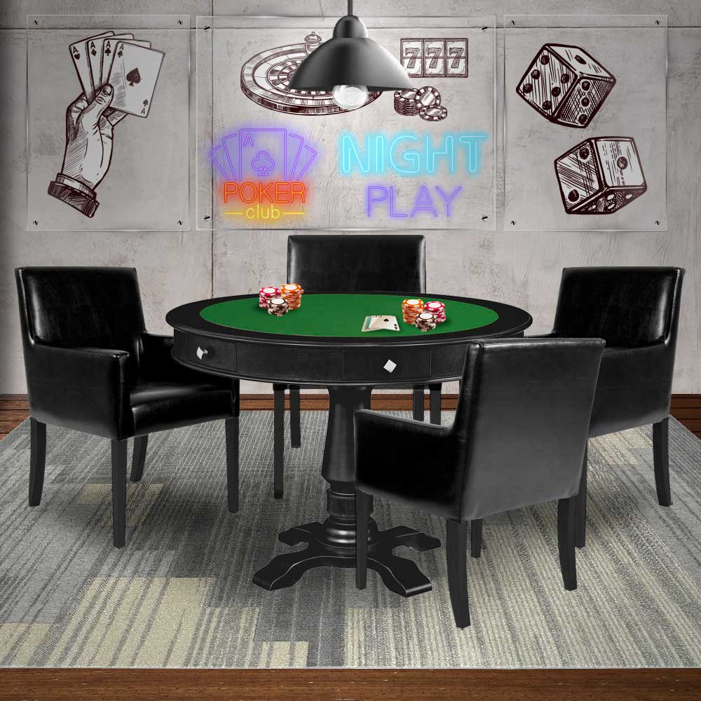 Mesa de Jogos Carteado Victoria Redonda Tampo Reversível Preto com Kit 4 Cadeiras Liverpool PU Preto Liso G36 G15 - Gran Belo