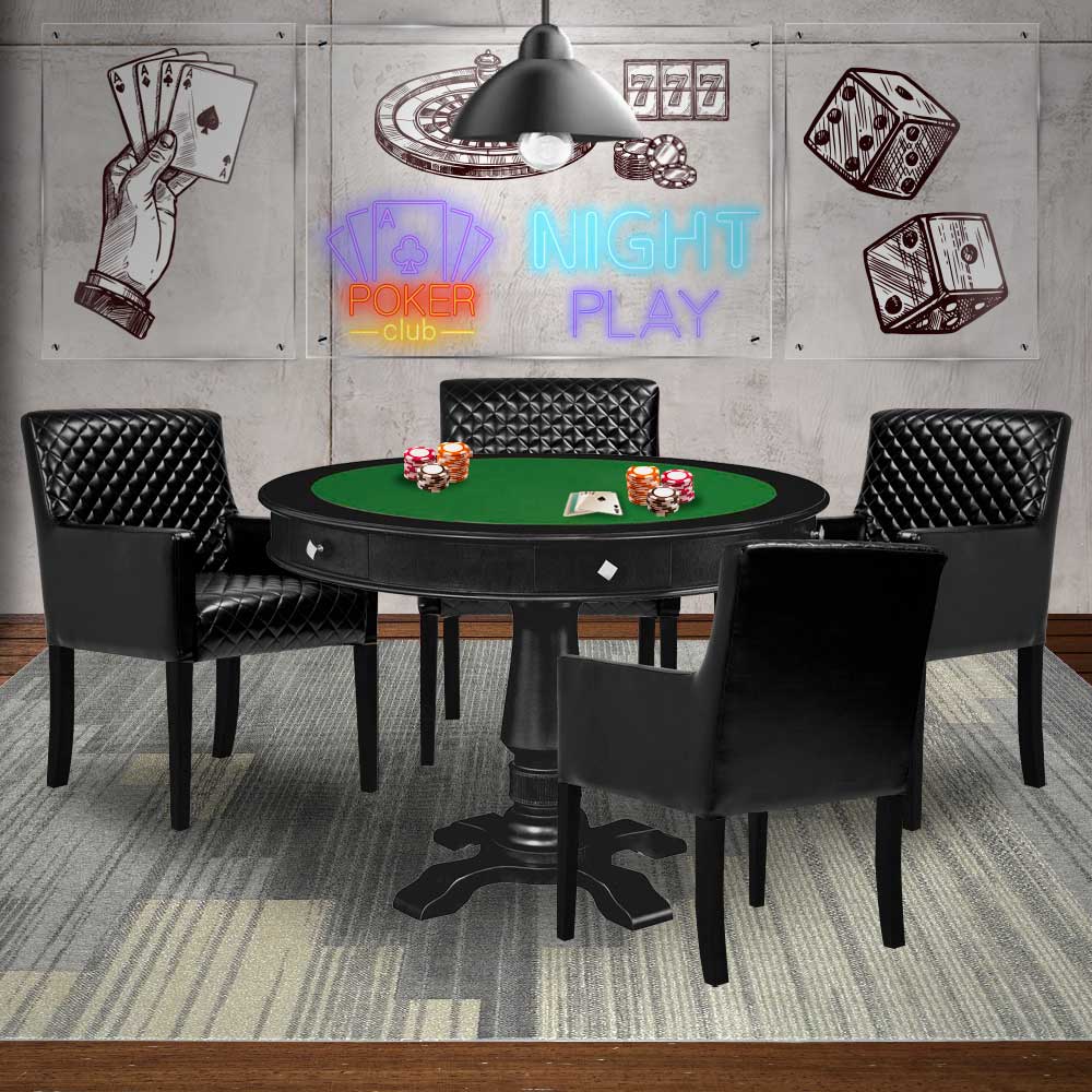 Mesa de Jogos Carteado Victoria Redonda Tampo Reversível Preto com Kit 4 Cadeiras Liverpool PU Preto Matelassê - Gran Belo