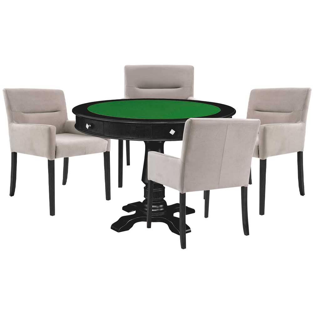 Mesa de Jogos Carteado Victoria Redonda Tampo Reversível Preto com Kit 4 Cadeiras Vicenza Suede Nude G36 G15 - Gran Belo