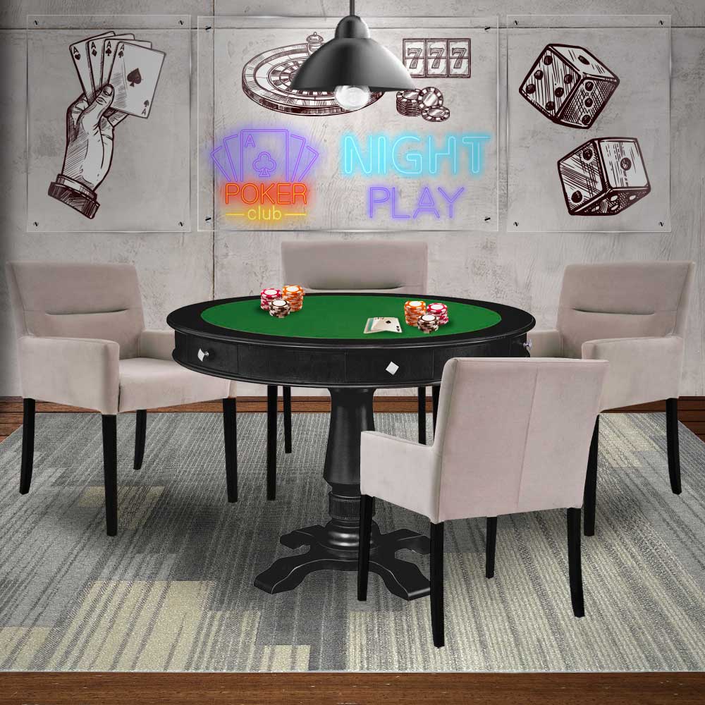 Mesa de Jogos Carteado Victoria Redonda Tampo Reversível Preto com Kit 4 Cadeiras Vicenza Suede Nude G36 G15 - Gran Belo