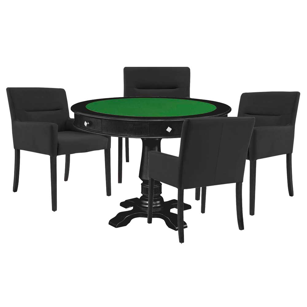 Mesa de Jogos Carteado Victoria Redonda Tampo Reversível Preto com Kit 4 Cadeiras Vicenza Suede Preto Fosco G36 G15 - Gran Belo