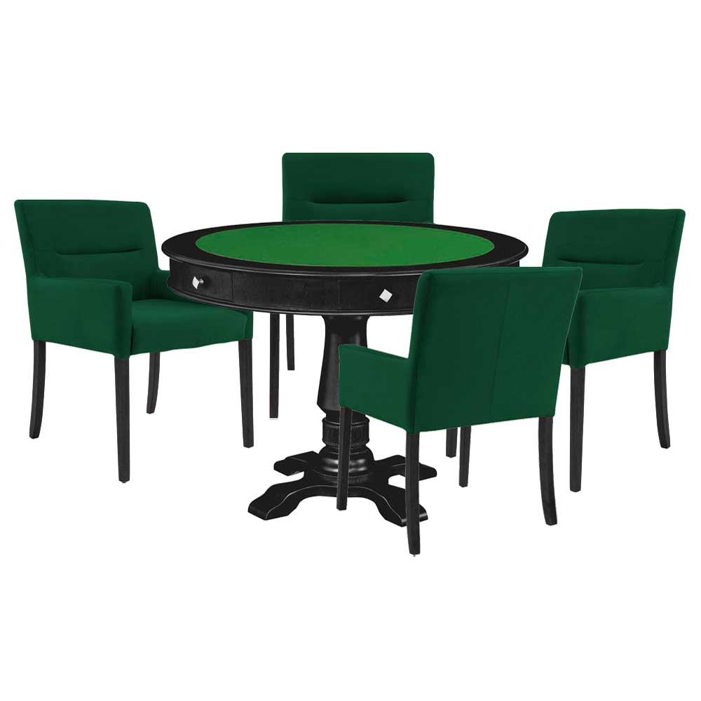 Mesa de Jogos Carteado Victoria Redonda Tampo Reversível Preto com Kit 4 Cadeiras Vicenza Suede Verde G36 G15 - Gran Belo