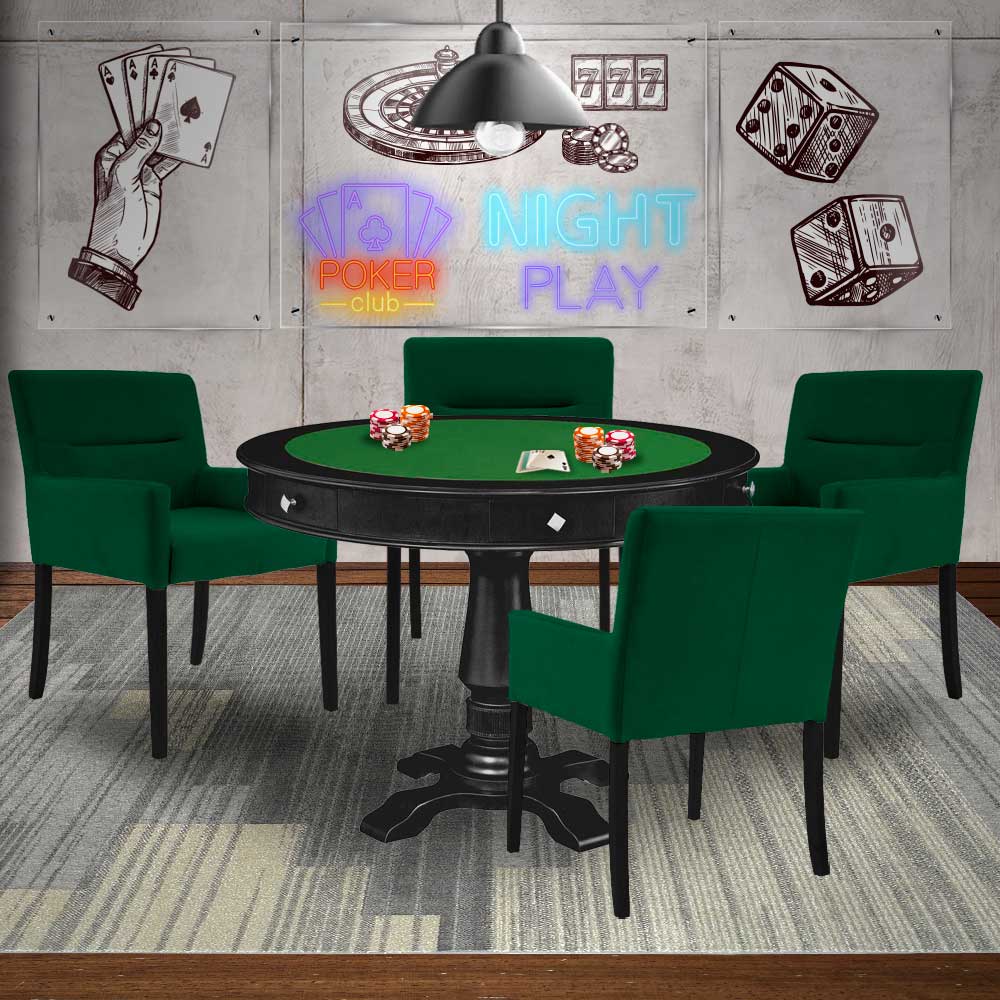 Mesa de Jogos Carteado Victoria Redonda Tampo Reversível Preto com Kit 4 Cadeiras Vicenza Suede Verde G36 G15 - Gran Belo