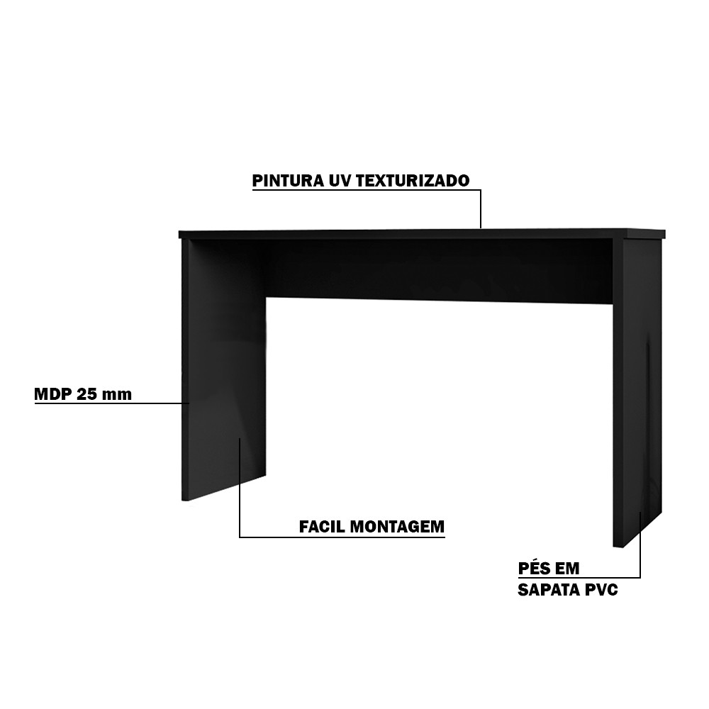 Mesa para Escritório Home Office Sem Gaveta Emma Preto Texturizado G47 - Gran Belo