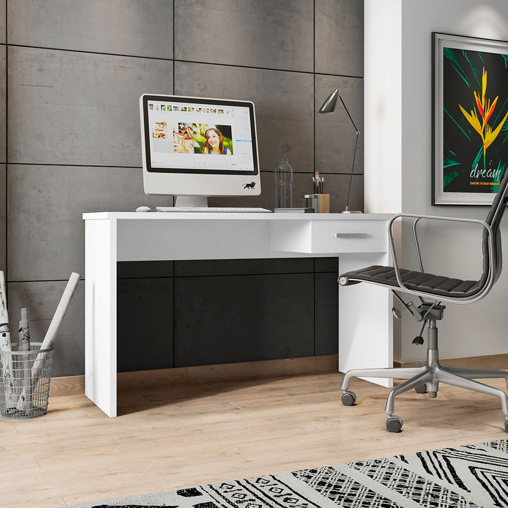 Mesa para Escritório Home Office com Gaveta Emma Branco Texturizado - Gran Belo