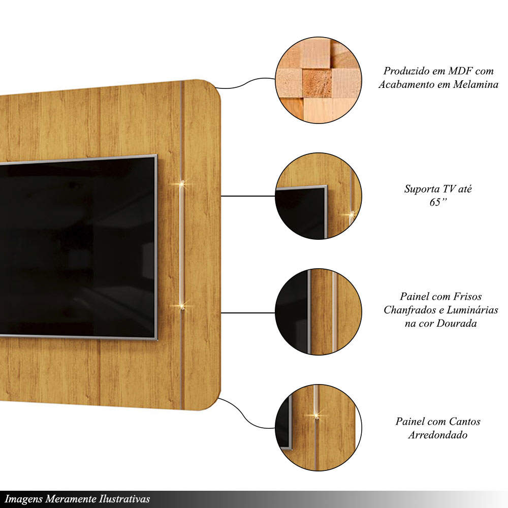 Painel Decorativo Deep TV até 65" Luminárias Douradas Cedro G18 - Gran Belo
