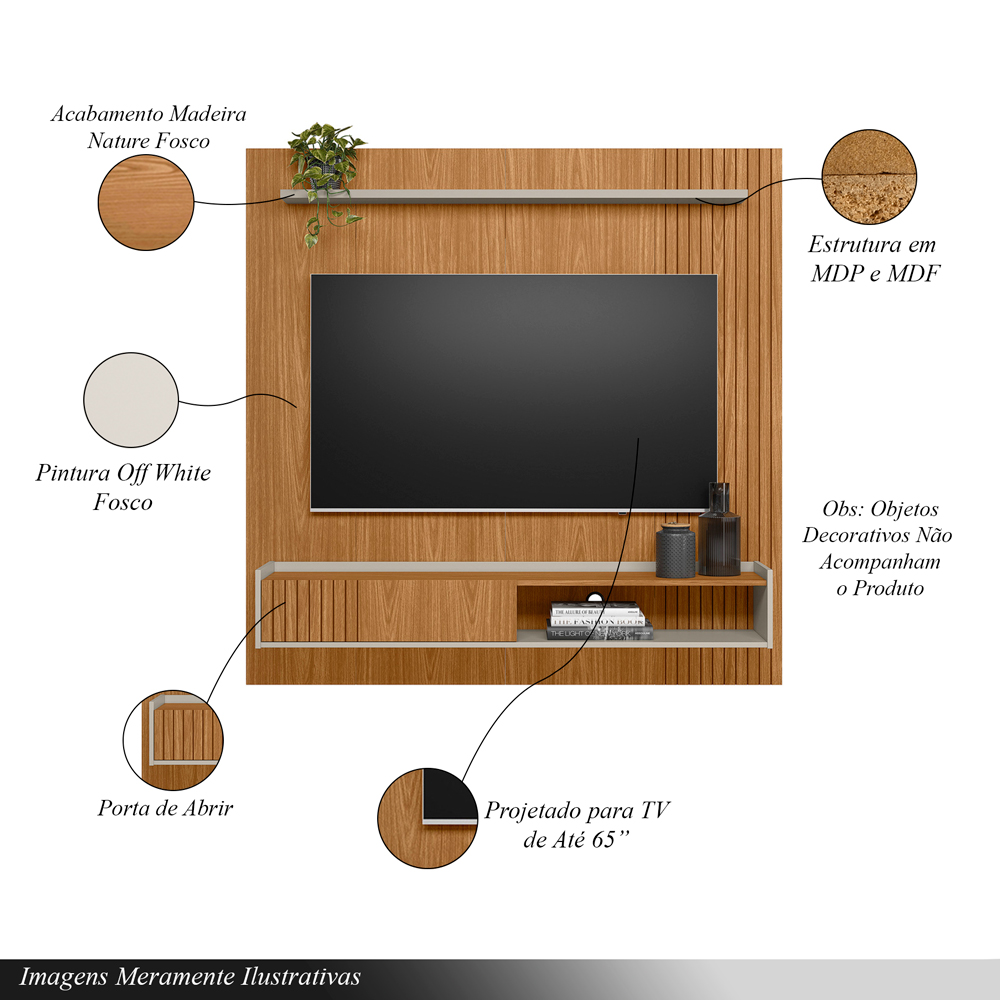 Painel Decorativo Dominique Ripado MDP e MDF TV até 65 Polegadas Nature/Off White G77 - Gran Belo