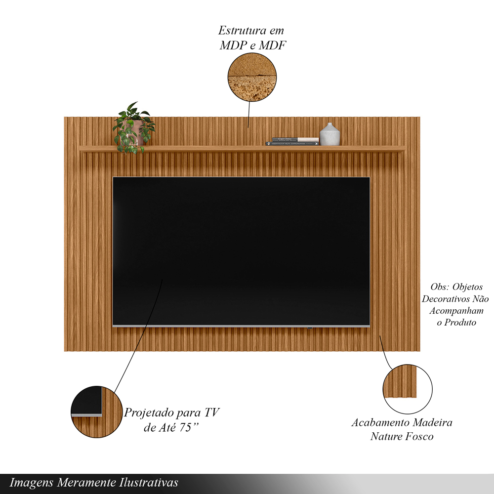 Painel Decorativo Grace 2.0 MDP e MDF TV até 70 Polegadas Ripado Prateleira Nature G77 - Gran Belo
