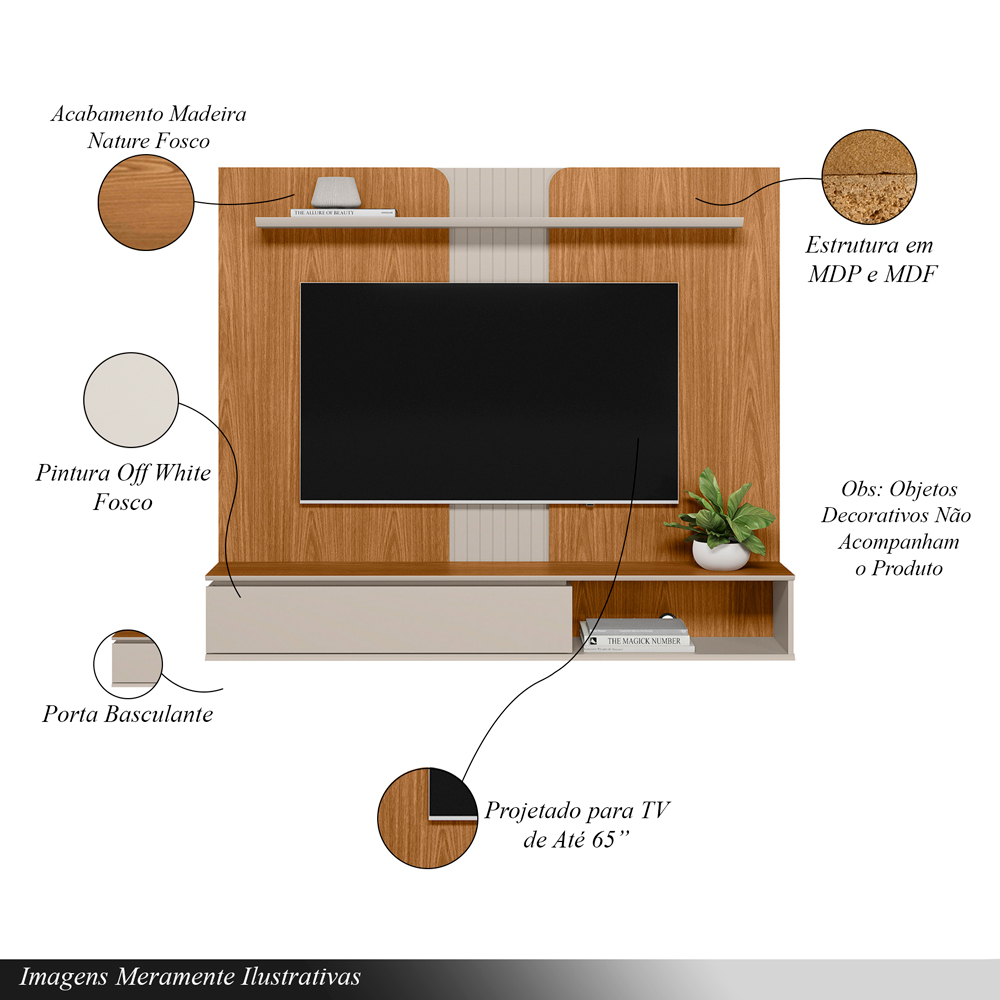 Painel Decorativo Home MDP/MDF TV até 65 Polegadas Porta Frontier Nature/Off White G77 - Gran Belo