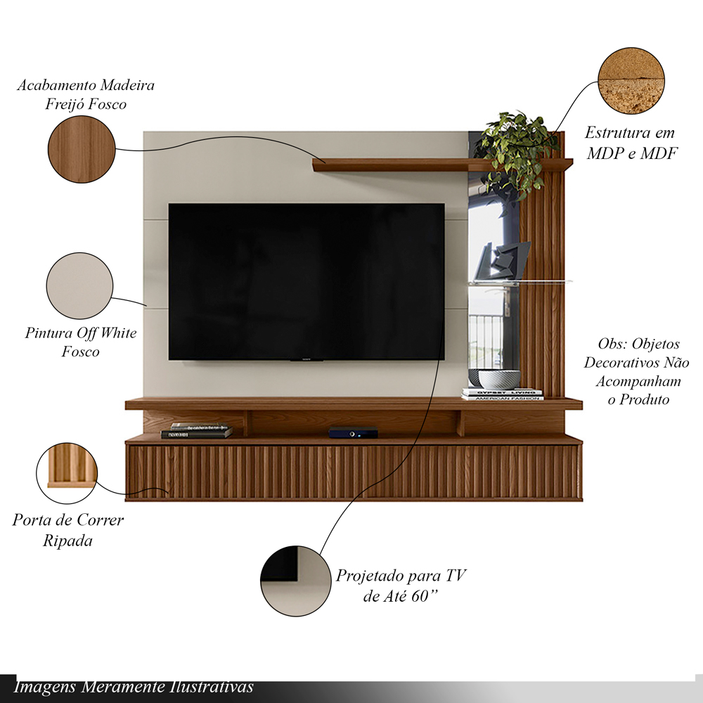 Painel Decorativo Otawa MDP/MDF Porta Ripada TV até 60 Polegadas Freijó/Off White G77 - Gran Belo
